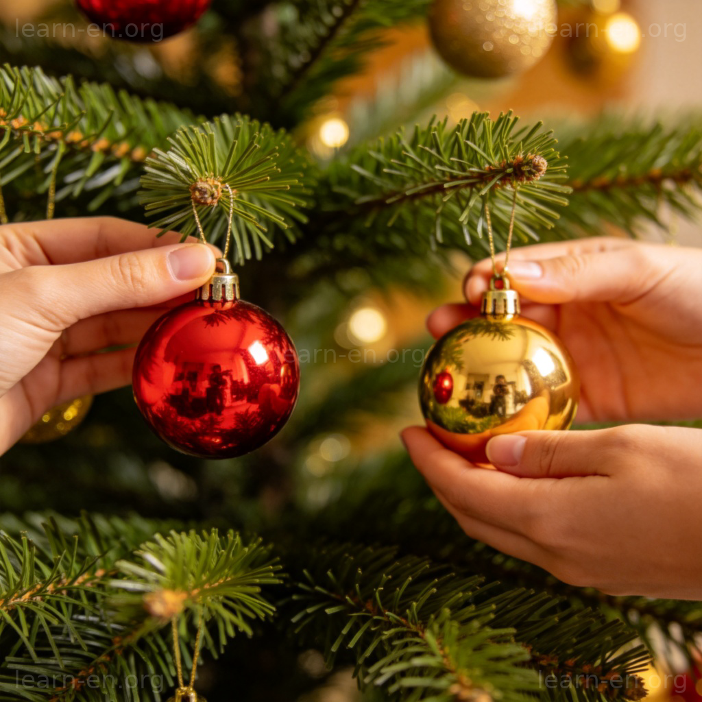 decorations 装饰品图解：圣诞树上悬挂红金彩球