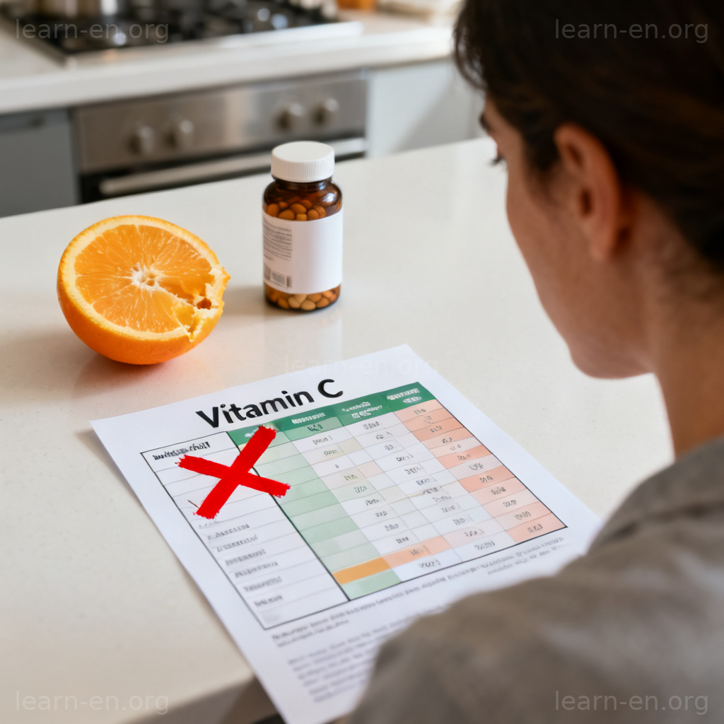deficiency 缺乏含义图解：营养图表上维生素C被红叉标记，表示缺乏
