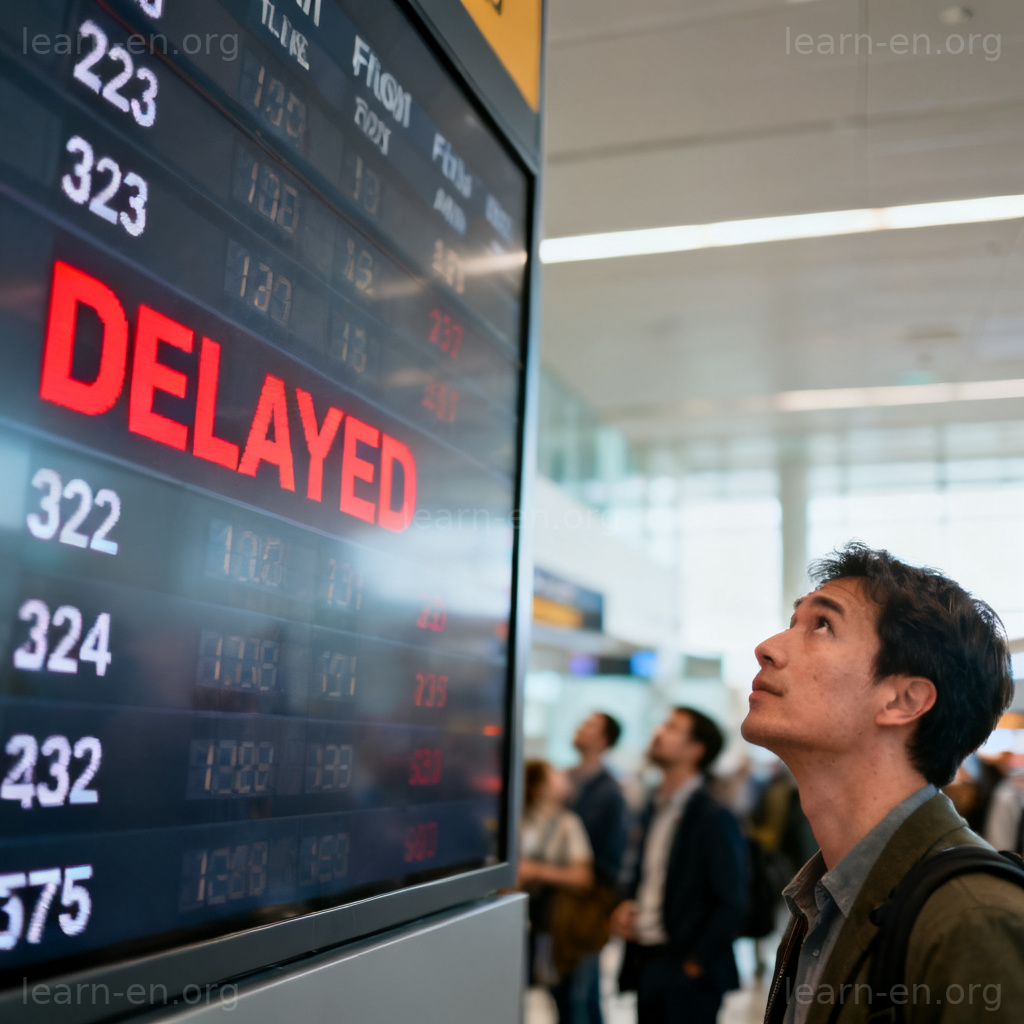 delay 单词图解：机场航班延误信息牌显示红色DELAYED