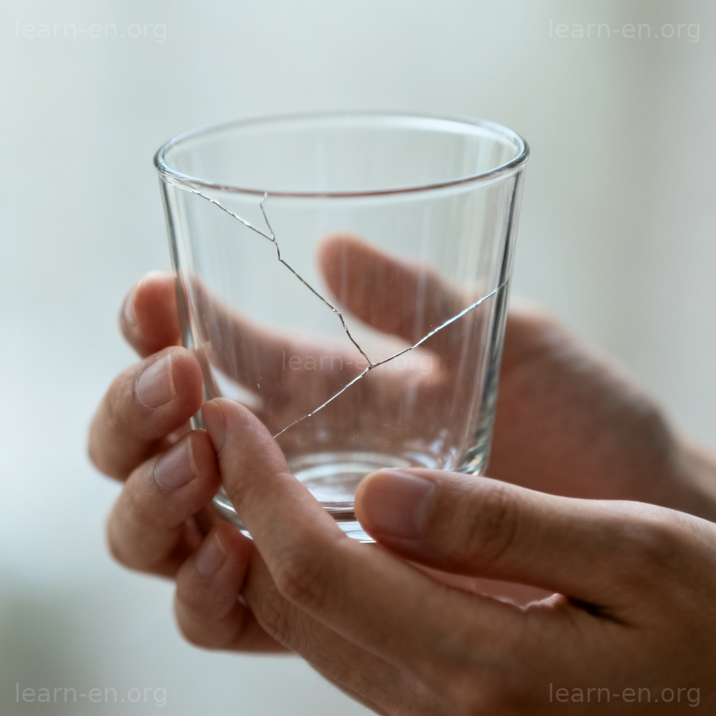 delicate 含义图解：双手小心捧起有裂纹的玻璃杯，展示易碎性