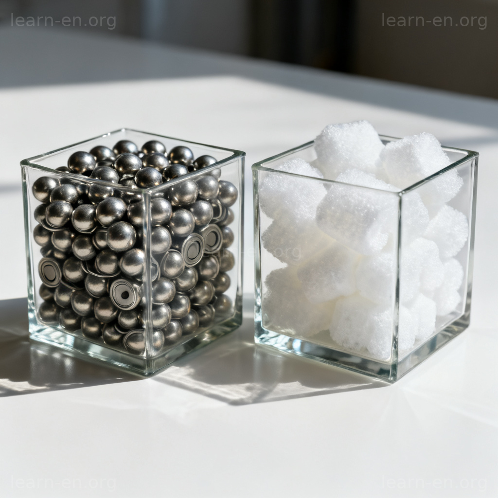 density 密度图解：金属球与泡沫填充物对比展示物质紧实度