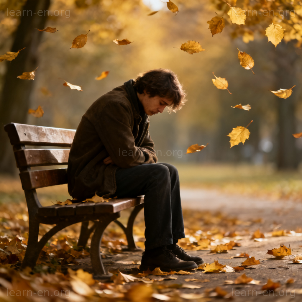 depression 抑郁含义图解：秋日公园长椅上孤独悲伤的人