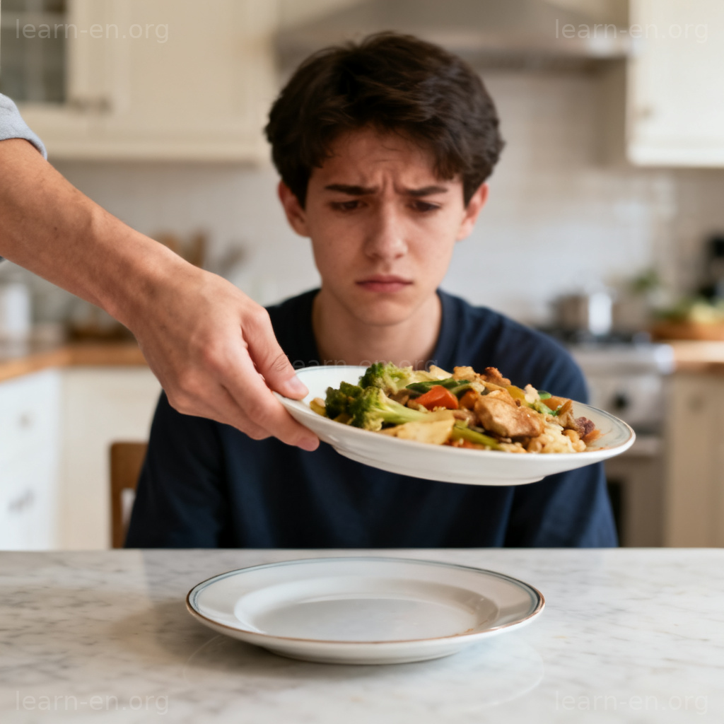 deprive 剥夺含义图解：一人食物被拿走，面露失望