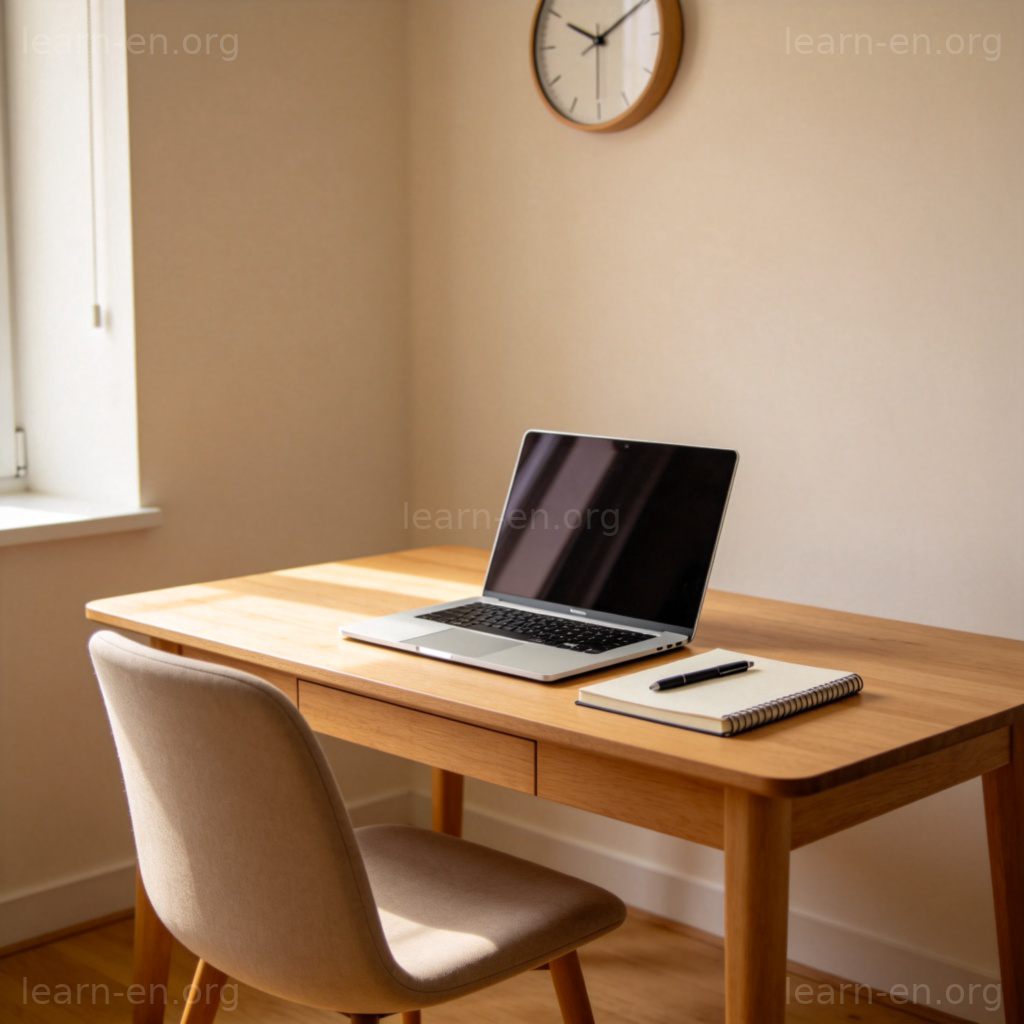 desk 办公桌场景图解：带抽屉的木桌，摆放笔记本电脑和文具