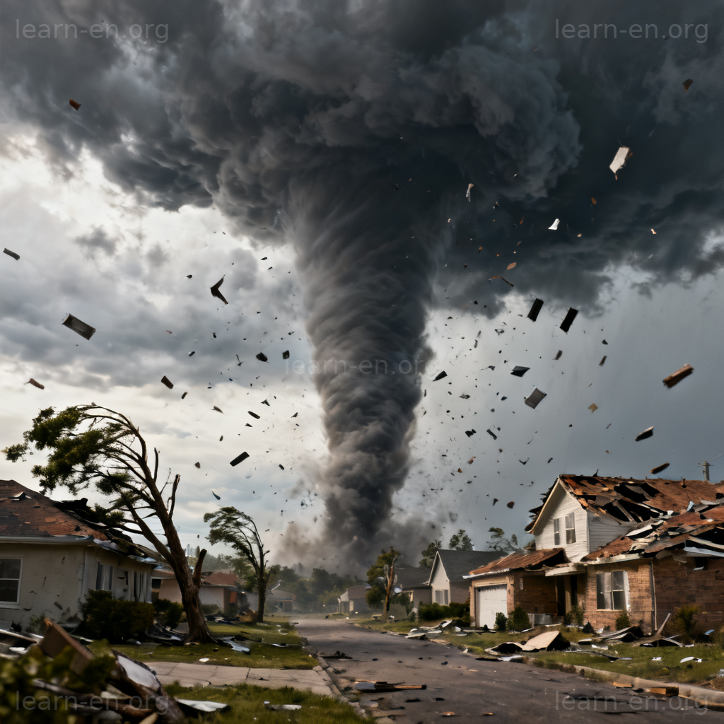 destructive 破坏性图解：龙卷风摧毁房屋的混乱场景