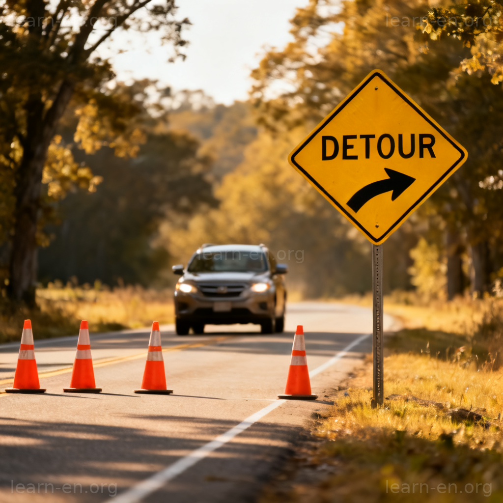 detour 绕道含义图解：汽车在乡村道路绕行黄色绕行标志