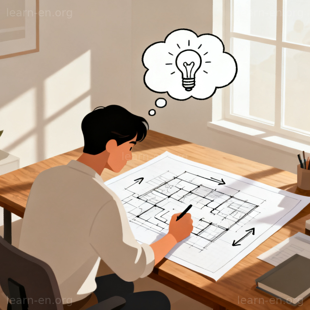 devise 含义图解：人物在桌前构思详细计划