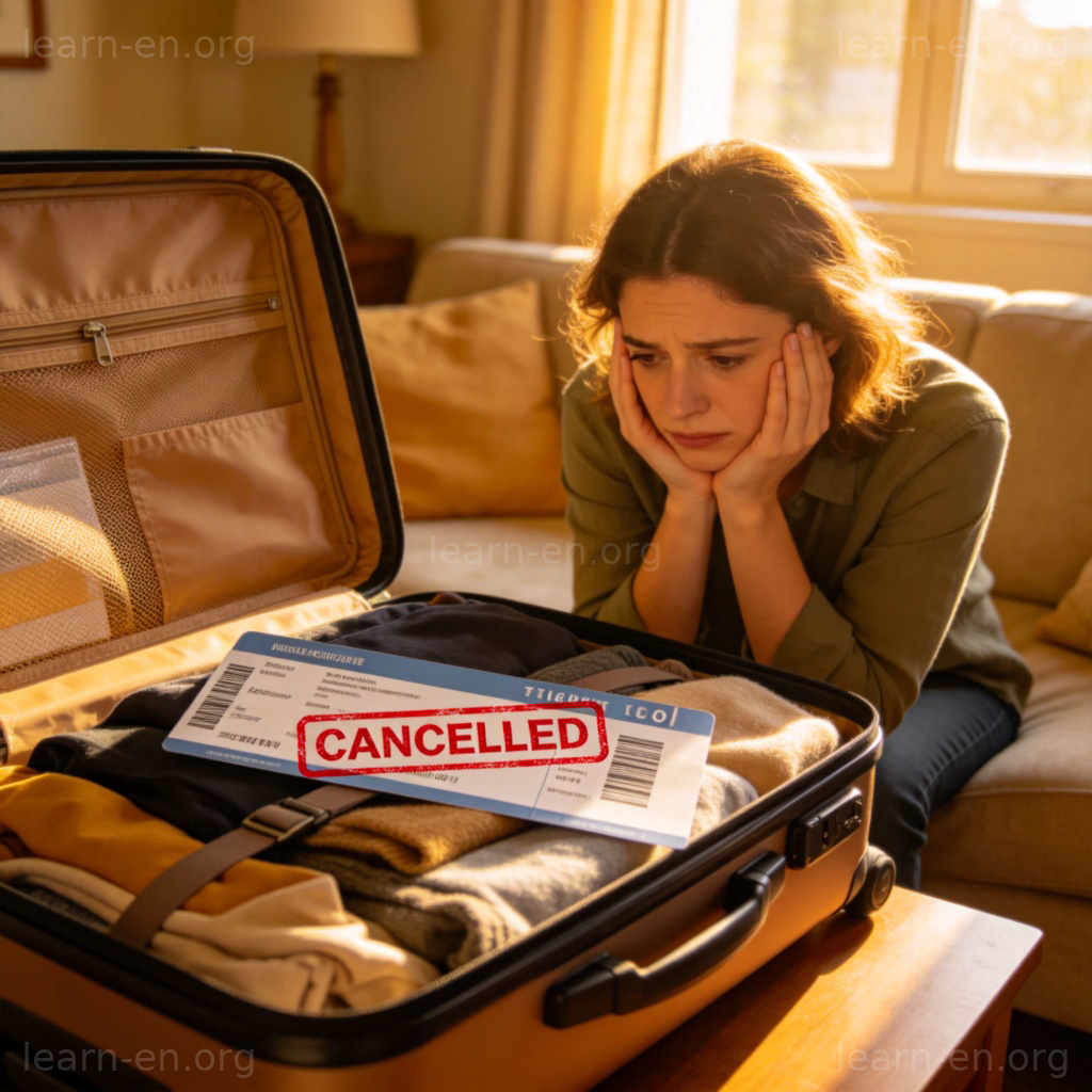 disappoint 使落空场景图解：被取消的机票与打包好的行李箱