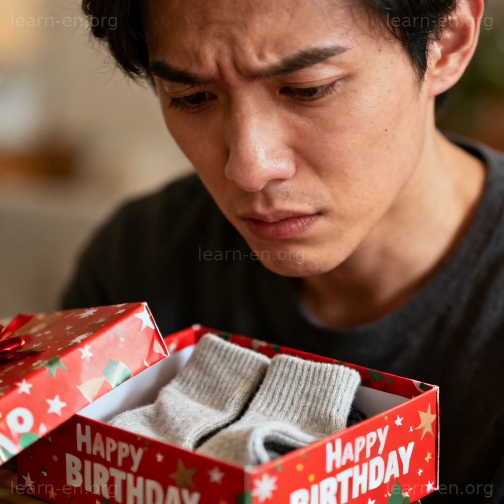 disappointing 含义图解：人物对失望礼物的表情特写