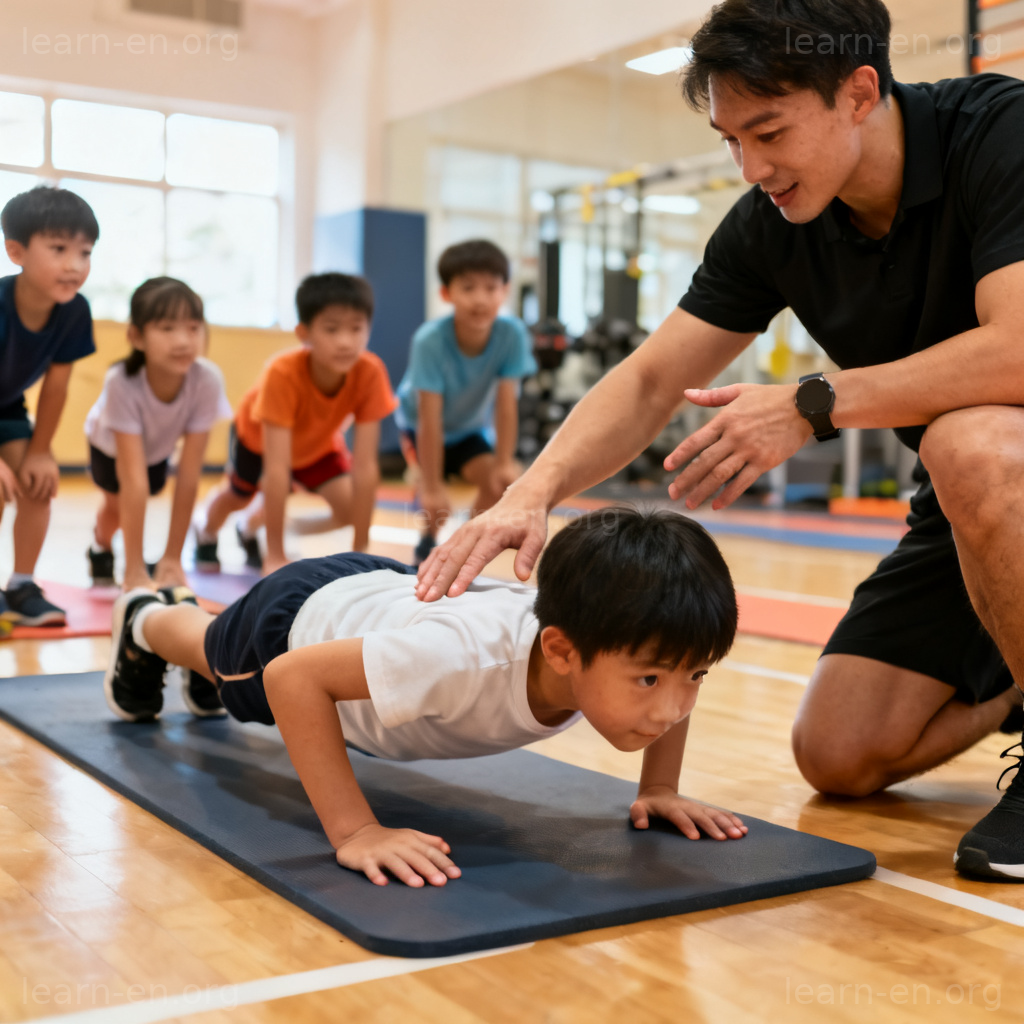 discipline 训练含义图解：教练指导孩子做俯卧撑