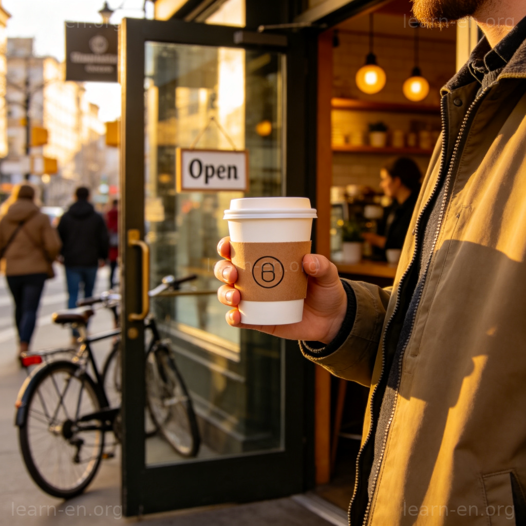 disposable cups 图解：咖啡馆外手持纸杯咖啡的场景