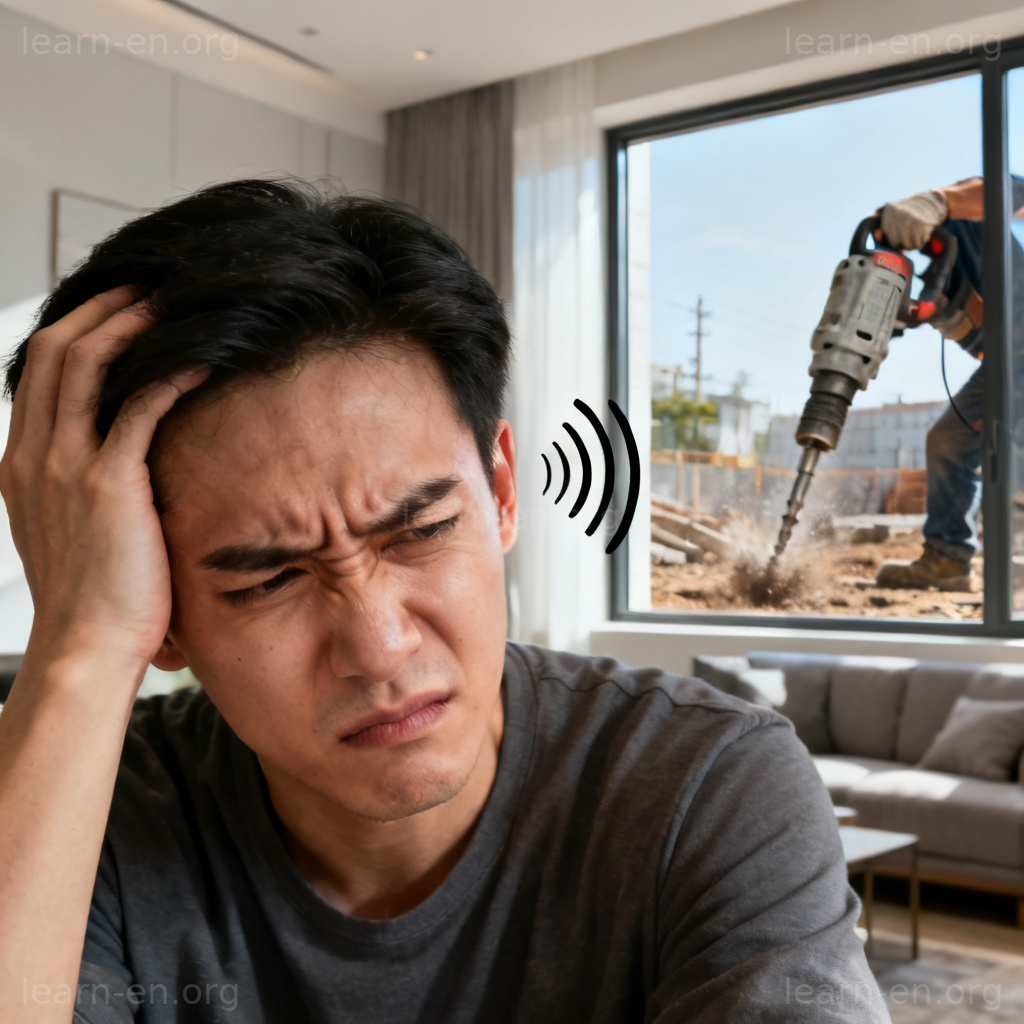 disturbance 打扰含义图解：居民因窗外施工噪音感到烦躁
