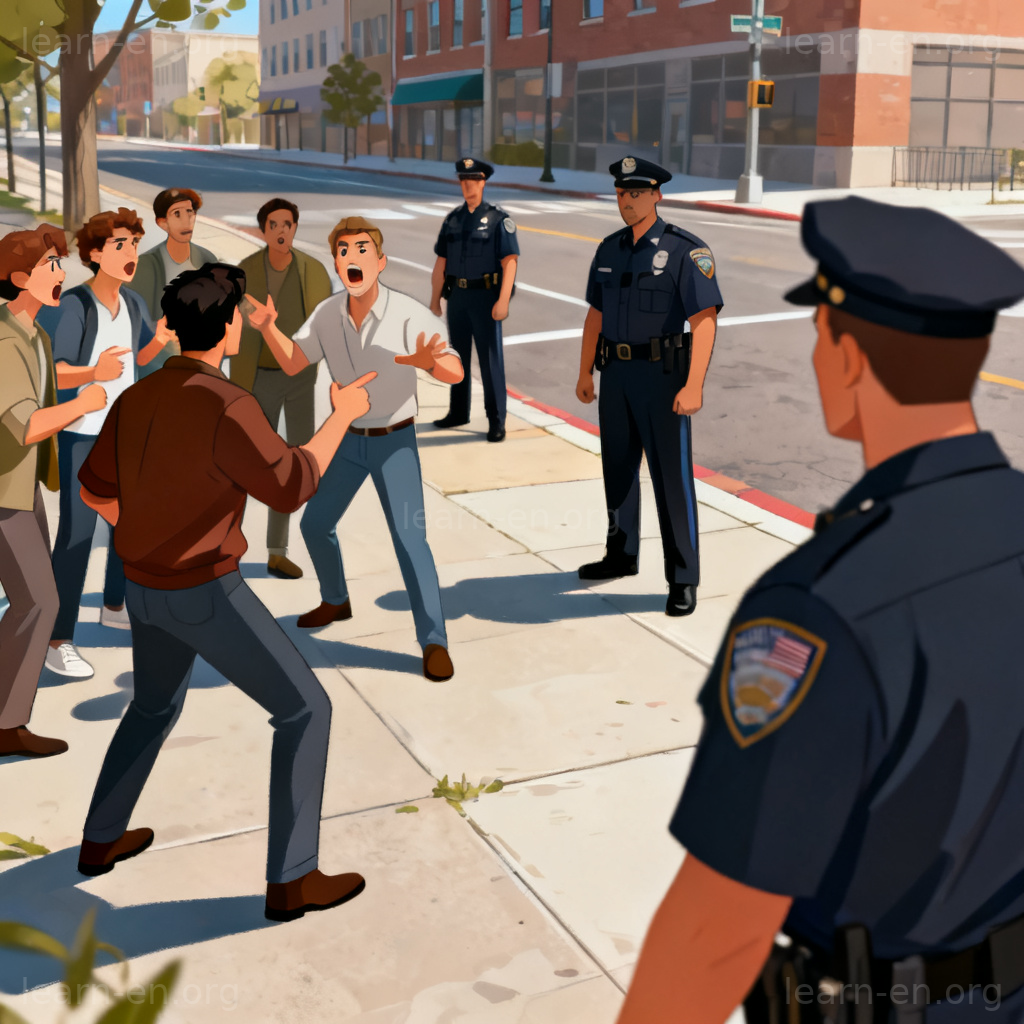 disturbance 骚乱场景图解：街头人群争执与警察维持秩序