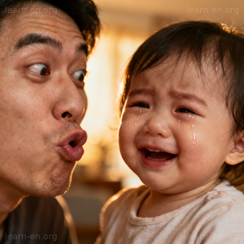 divert 含义图解：父亲做鬼脸逗乐哭泣的婴儿