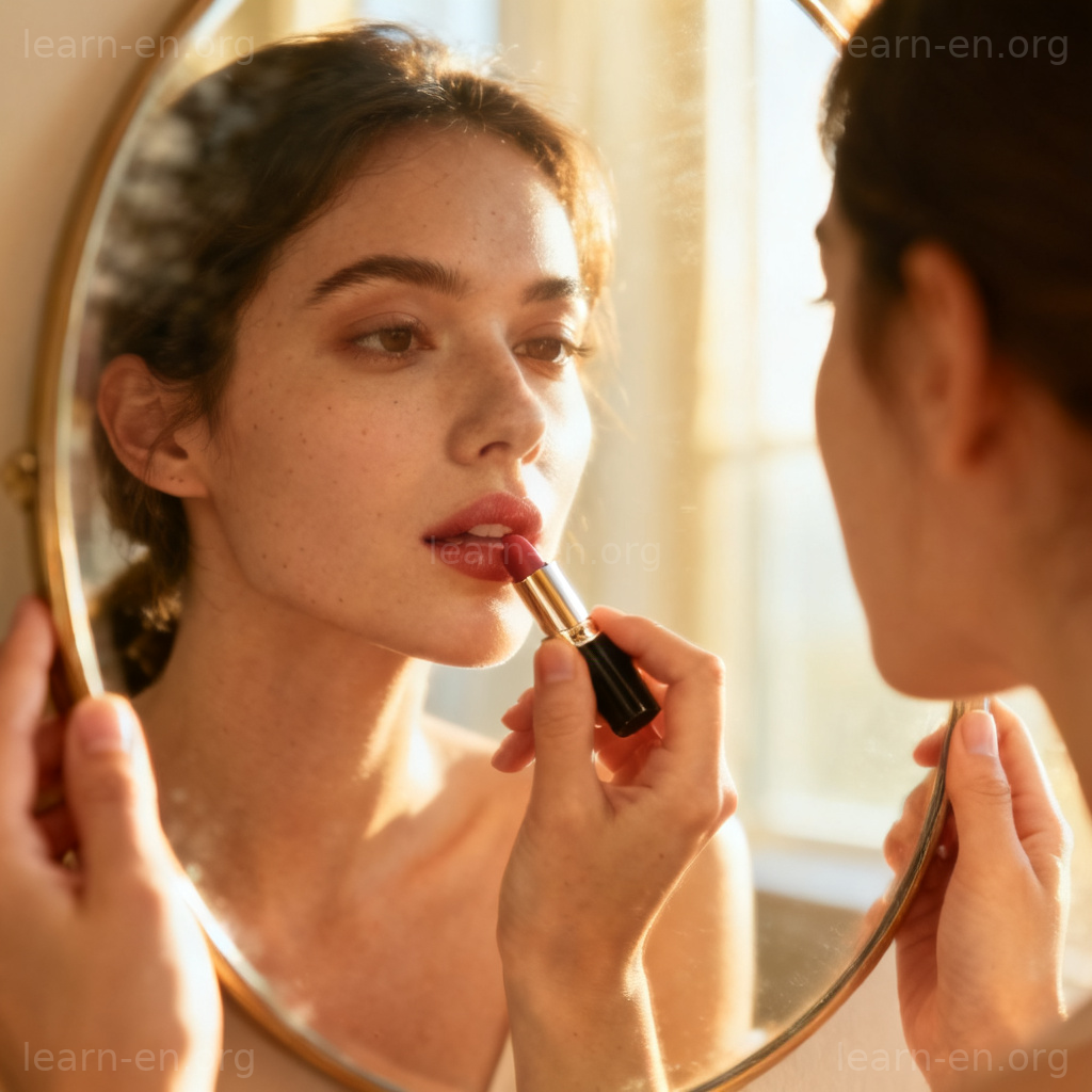 do your makeup 图解：女性对镜涂抹口红的化妆场景