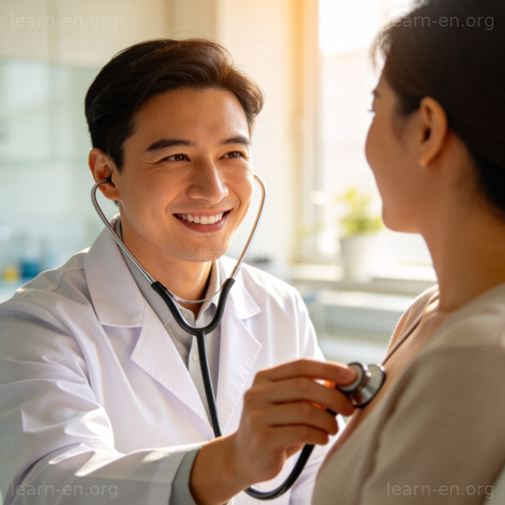 doctor 医生含义图解：穿白大褂的医生用听诊器为患者检查