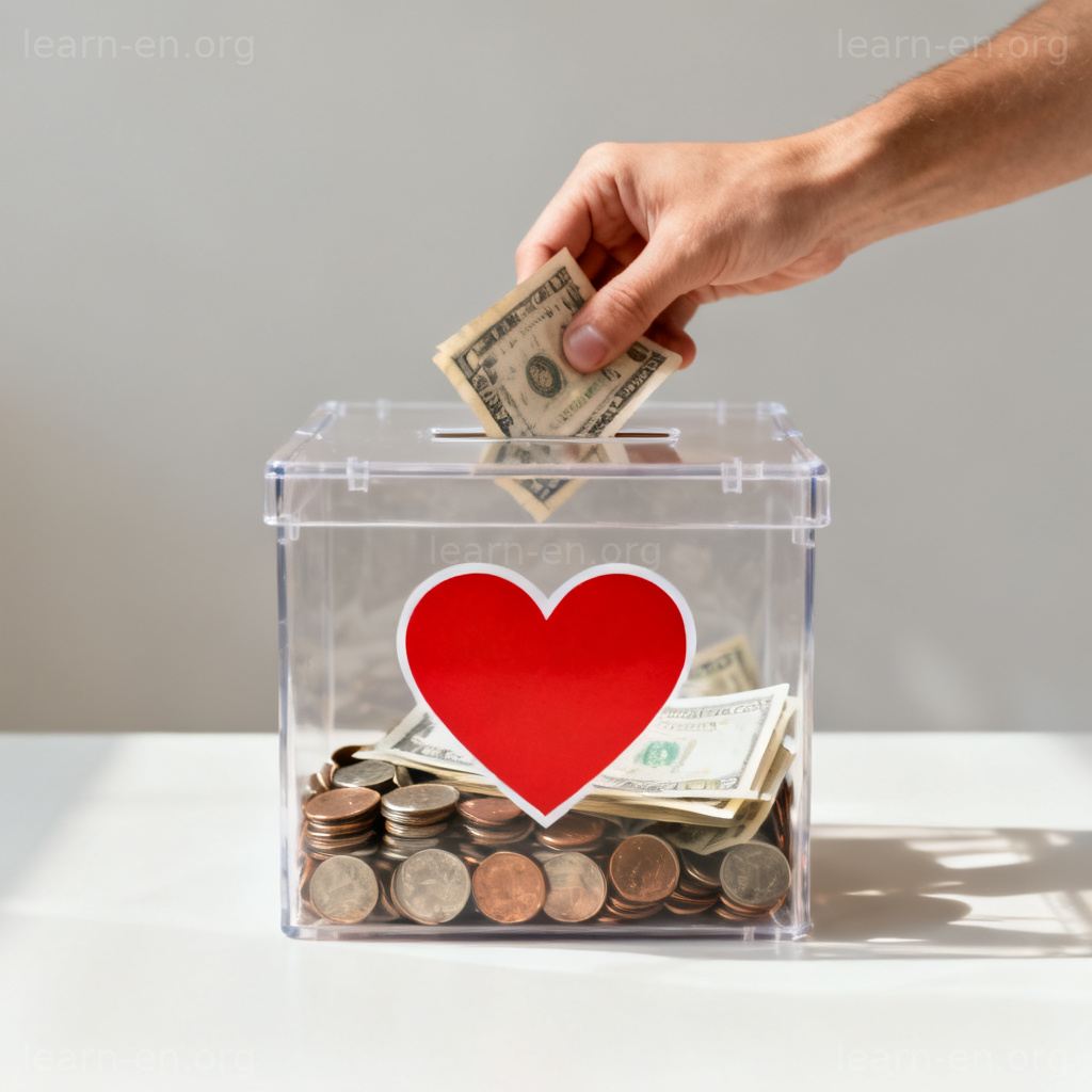 donate 捐赠图解：手将钱放入透明爱心捐款箱