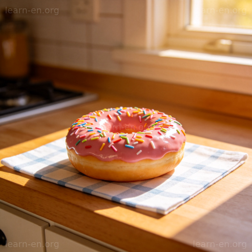 Donut 甜甜圈图解：撒有彩虹糖粒的粉色甜甜圈放在格子餐巾上
