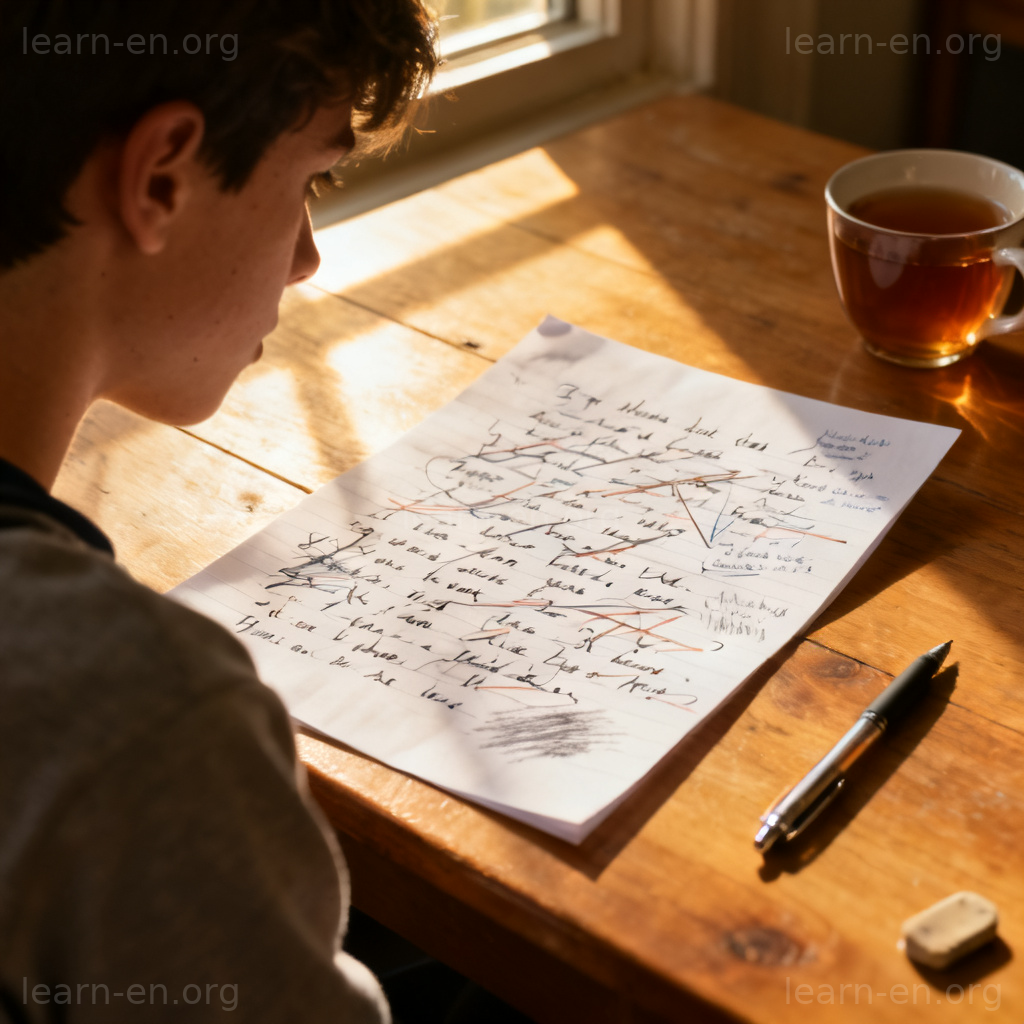 draft 草稿图解：学生修改手写稿的工作场景