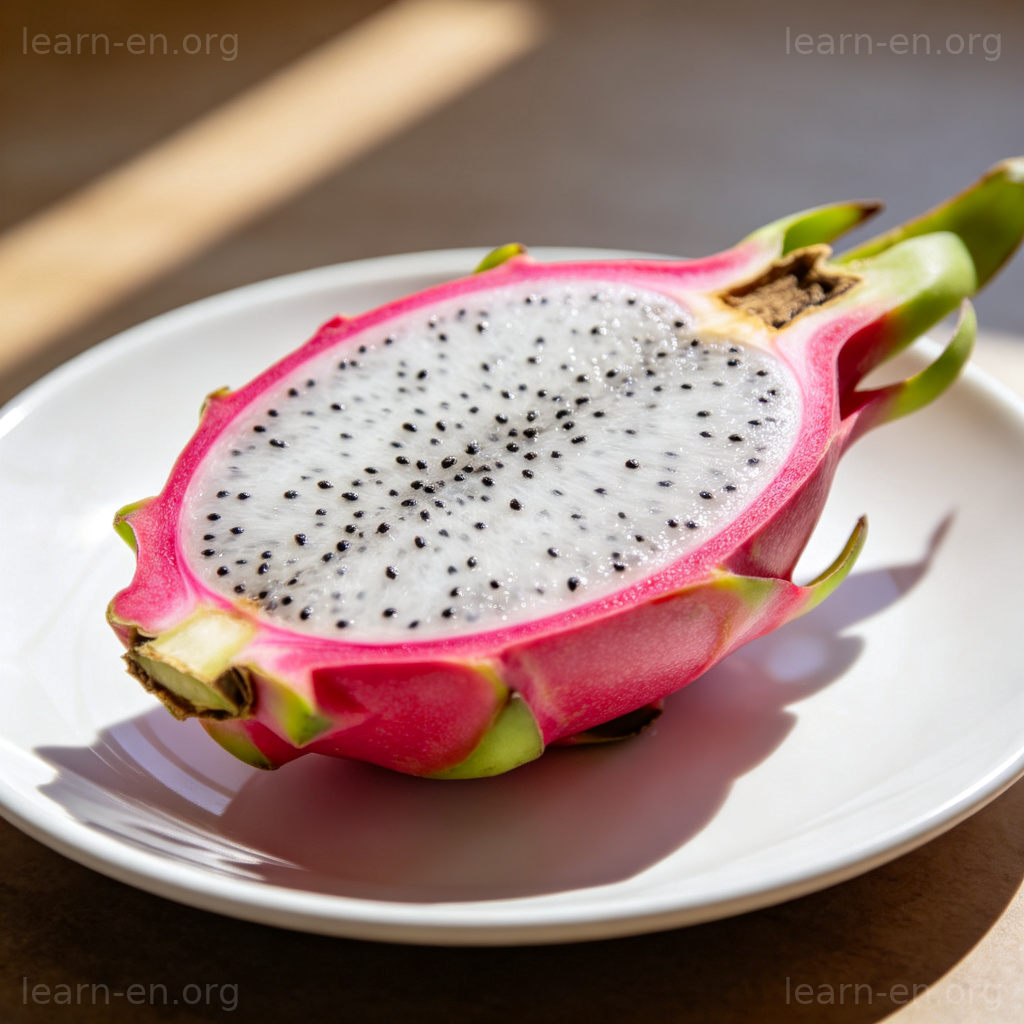 Dragon Fruit 图解：切开的粉色火龙果，展示绿色鳞片与带黑籽的果肉