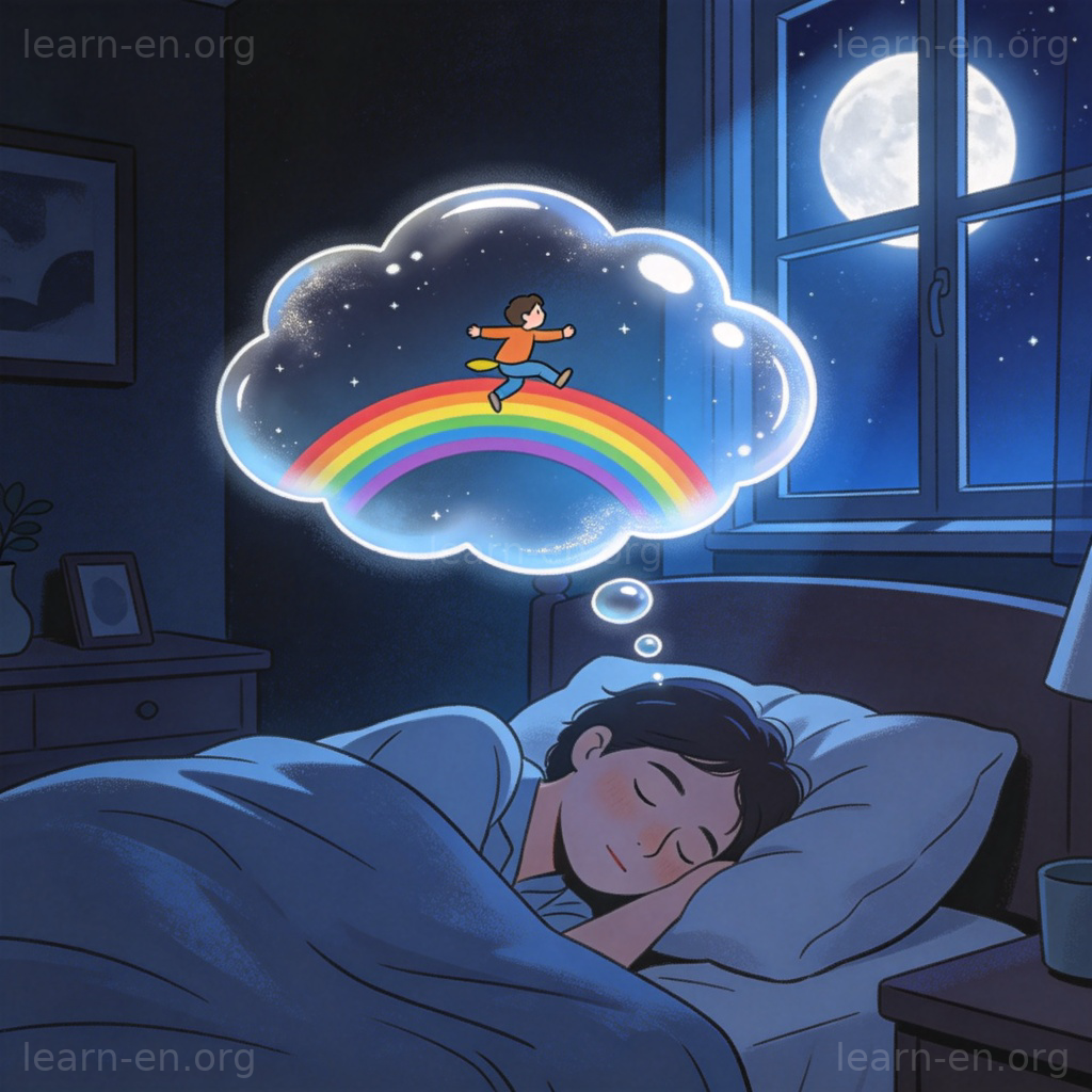 Dream 含义图解：夜晚安睡的人与头顶奇幻梦境泡泡
