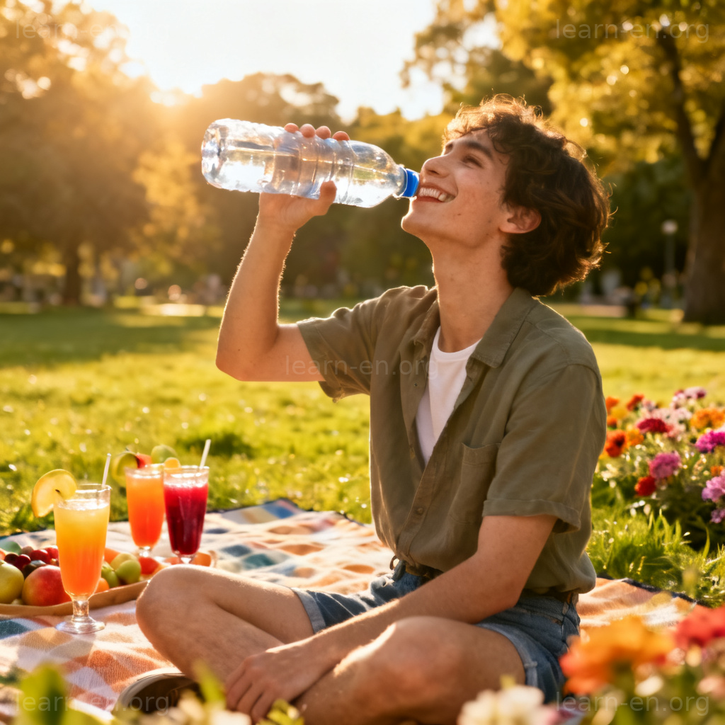 drink plenty of fluids 图解：阳光下公园里，人物微笑饮用大水壶，背景有彩色果汁