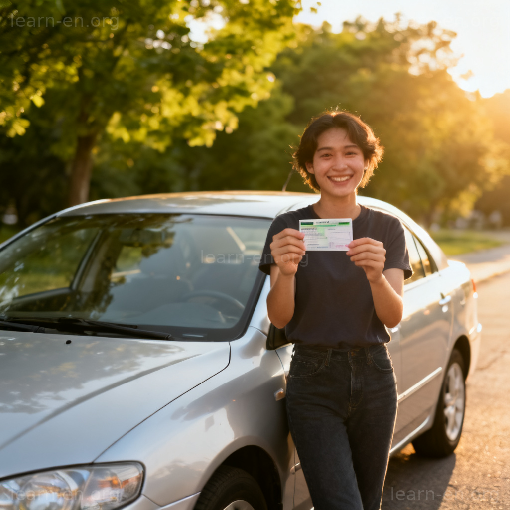 driver's license 图解：手持新驾照站在车旁的人