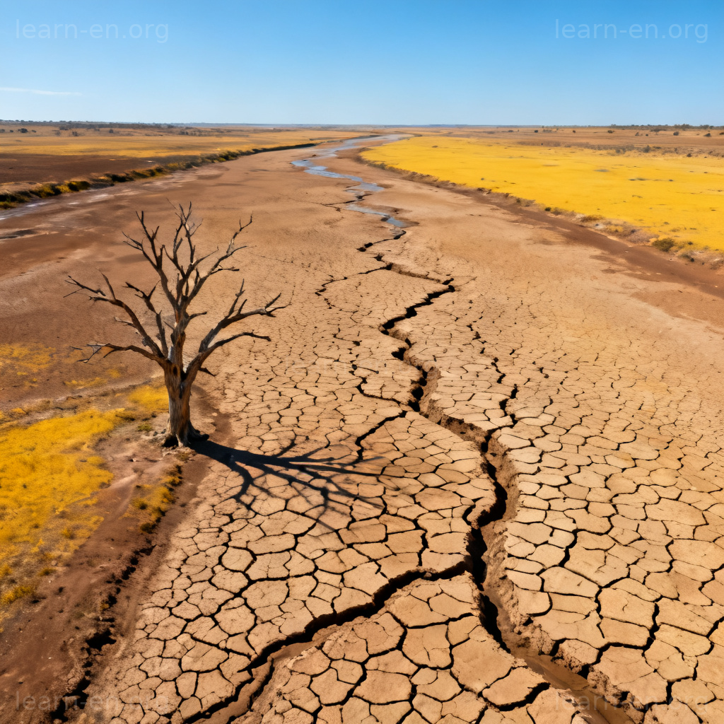 drought 干旱场景图解：干裂河床与枯萎树木