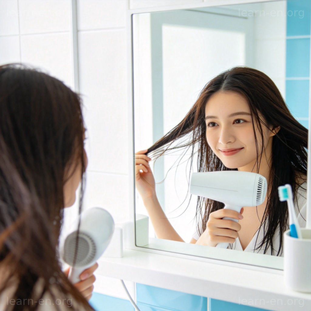 Dryer 场景：在浴室使用白色吹风机吹干头发