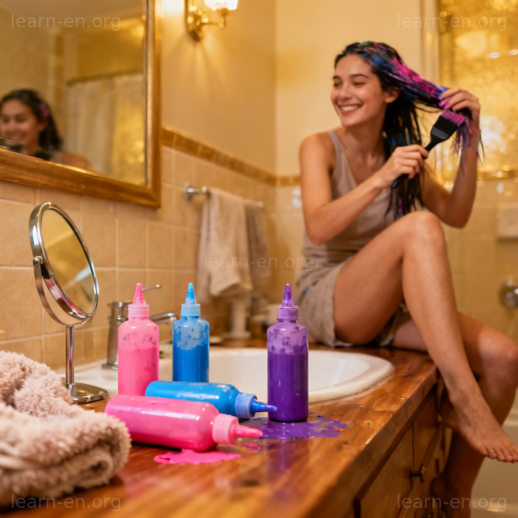 dye hair 图解：在家舒适浴室中愉快染发的场景