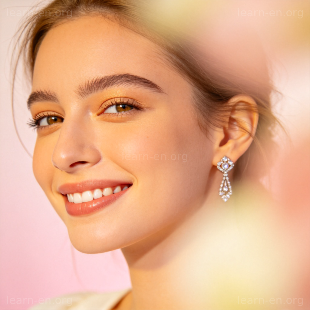 Earrings 图解：女性佩戴精致银色耳环微笑特写场景