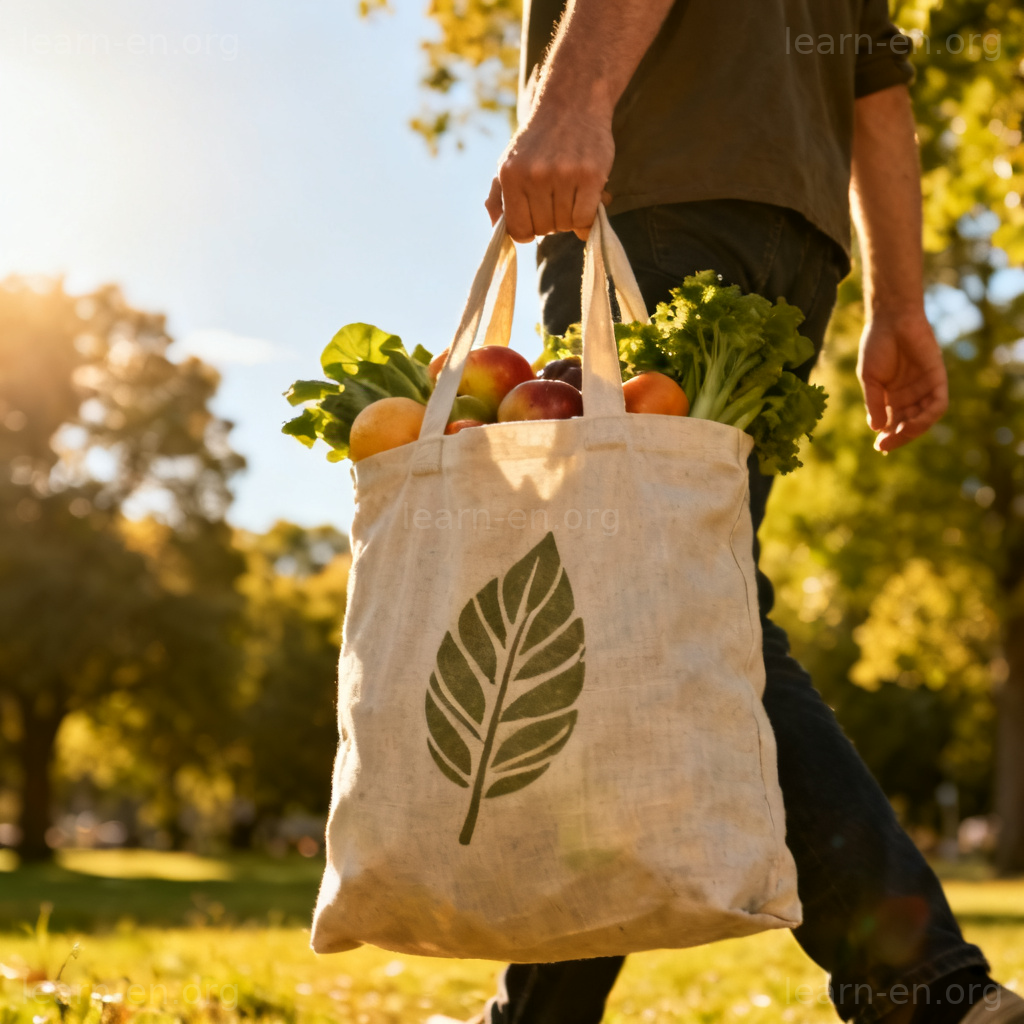 eco-friendly 环保概念图解：手持可重复使用购物袋在公园的场景