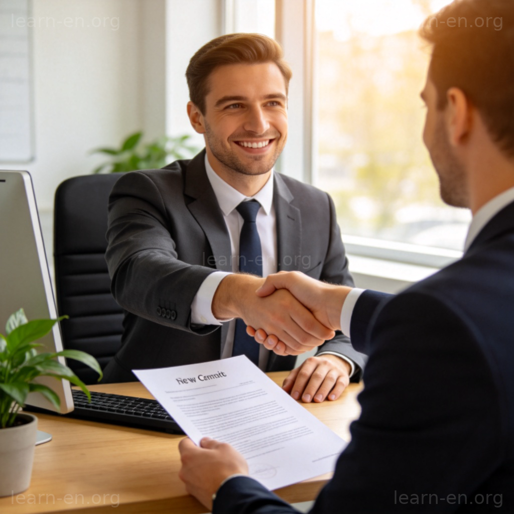 employer 雇主图解：办公室内雇主与新员工握手签约场景