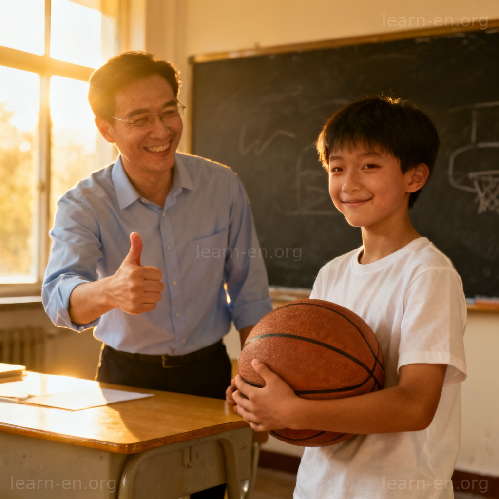 encourage 鼓励含义图解：老师微笑鼓励持篮球的学生