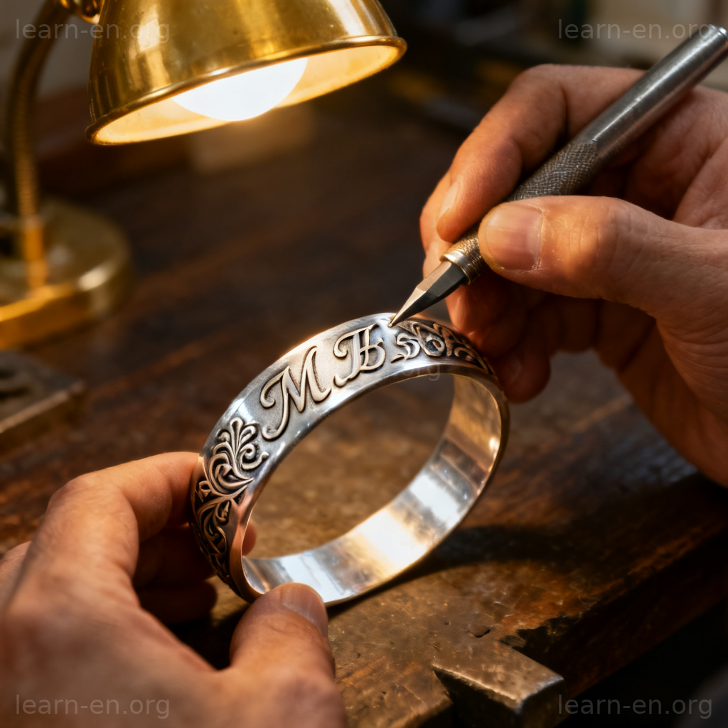 engrave 雕刻含义图解：工匠在银手镯上精细雕刻图案