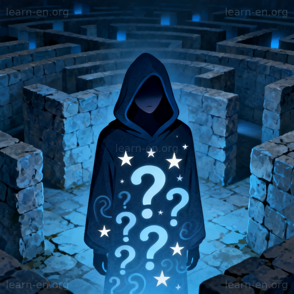 enigma 图解：兜帽神秘人站在迷宫中，身体由问号构成
