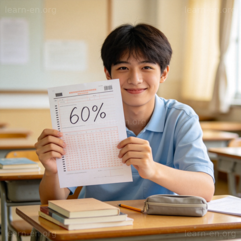 enough程度图解：学生拿着刚及格的试卷，表示“足以”