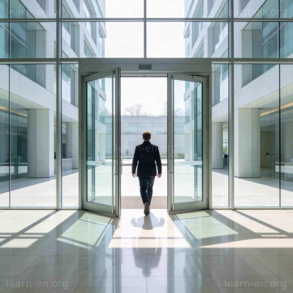entrance 名词图解：人物通过玻璃门进入现代建筑大堂的场景