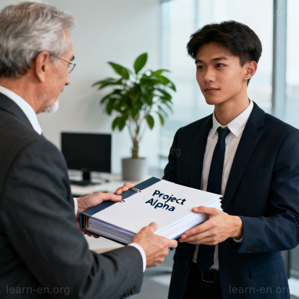 entrust 委托含义图解：办公室中上级向下属交接重要项目