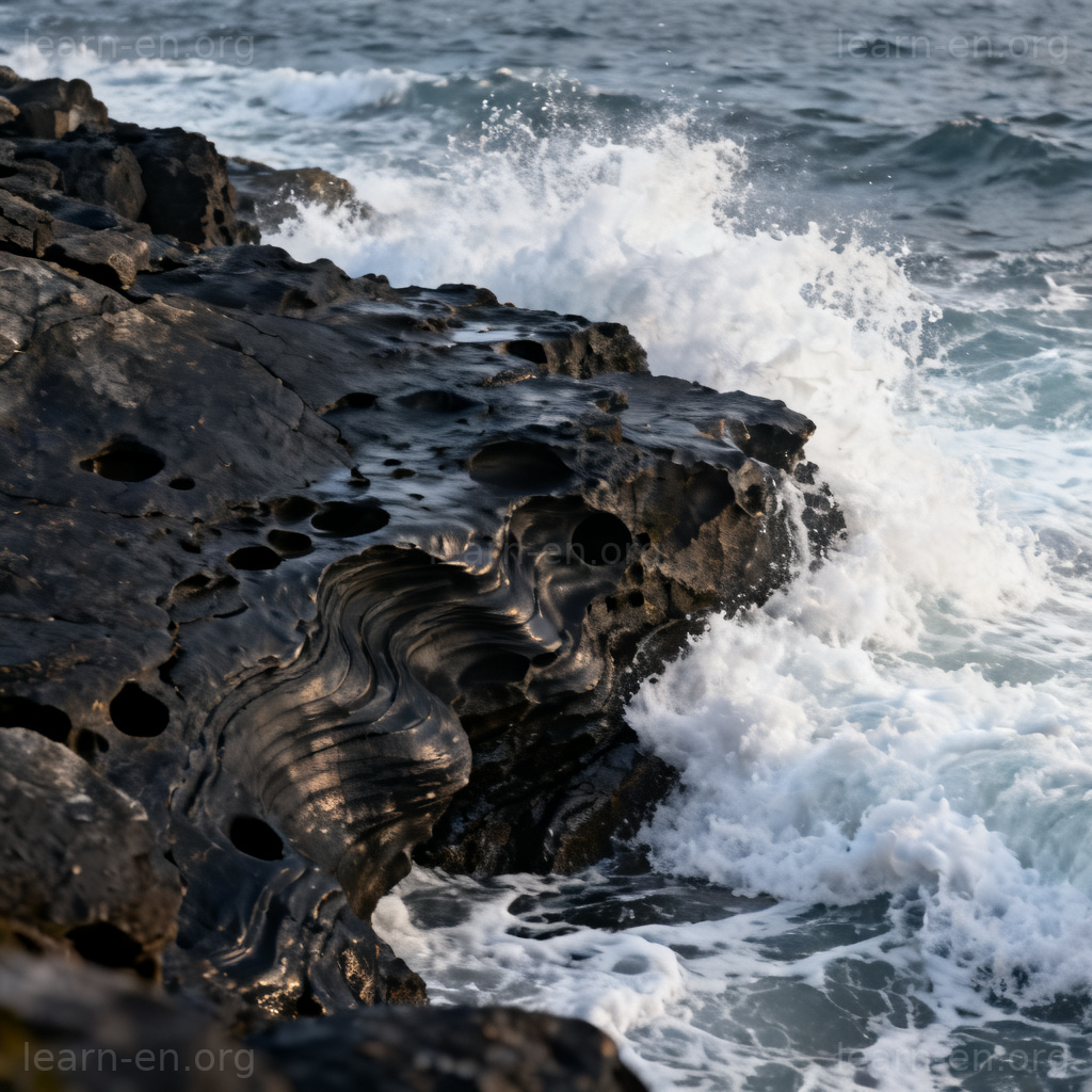 erode 侵蚀含义图解：海浪侵蚀岩石的纹理特写