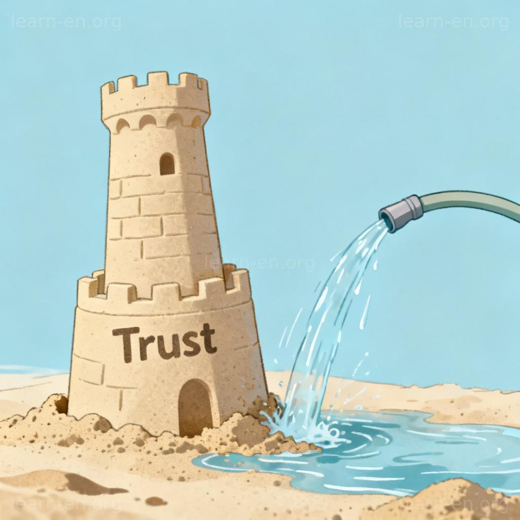 erosion 价值削弱图解：水流侵蚀象征信任的沙堡