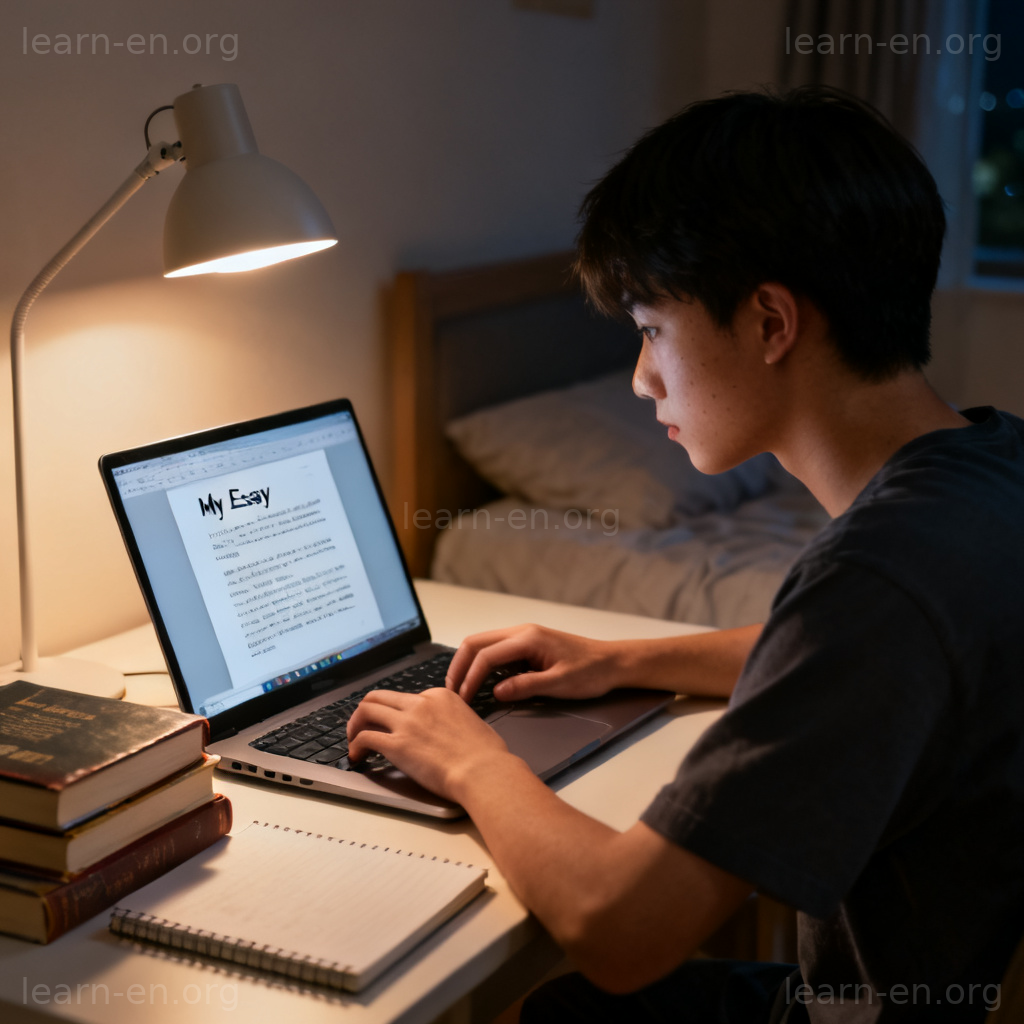 essay 图解：学生在书桌前用笔记本电脑写作文的场景