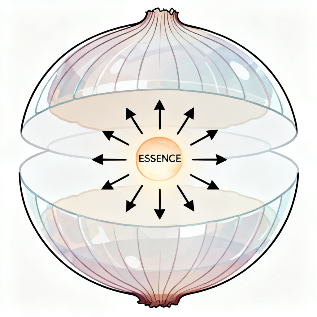 essence 本质含义图解：指向事物核心的洋葱剖面图