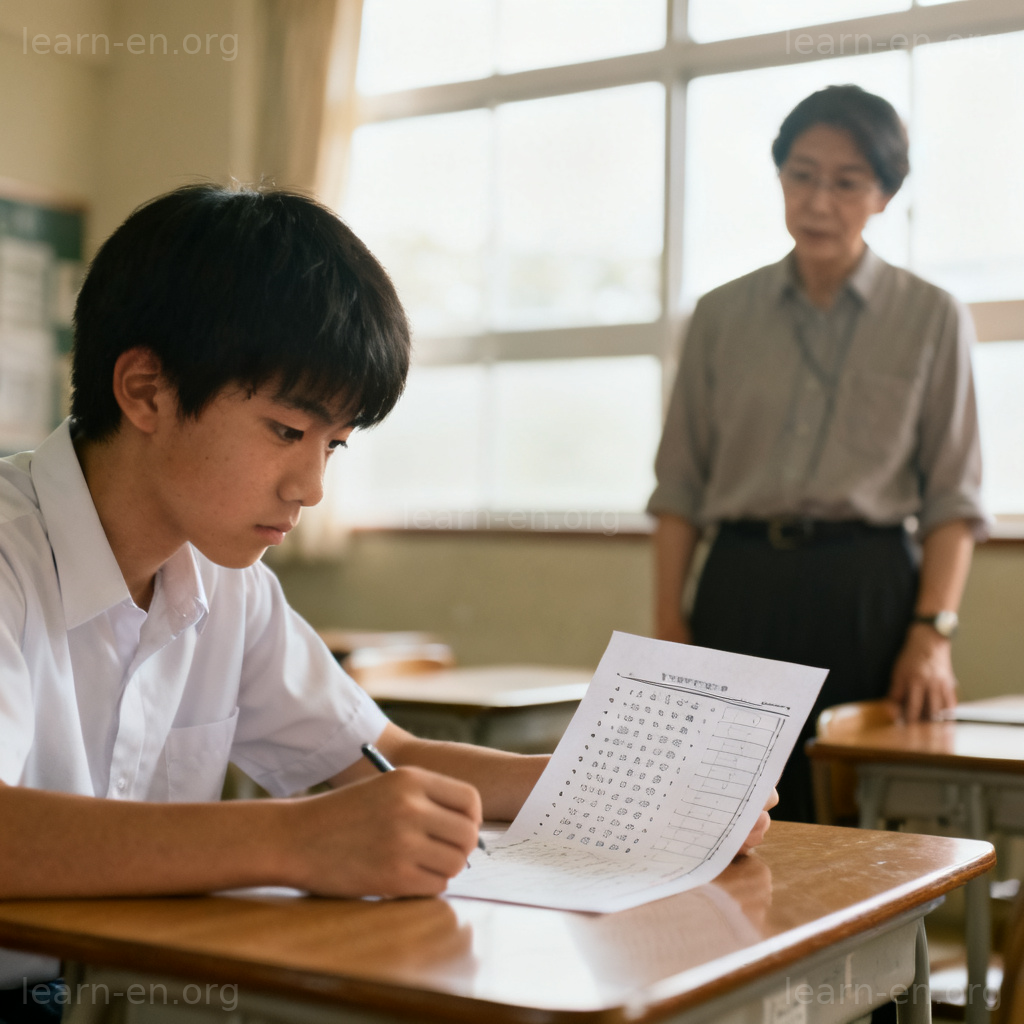 examine 测试含义图解：学生在考场认真答题