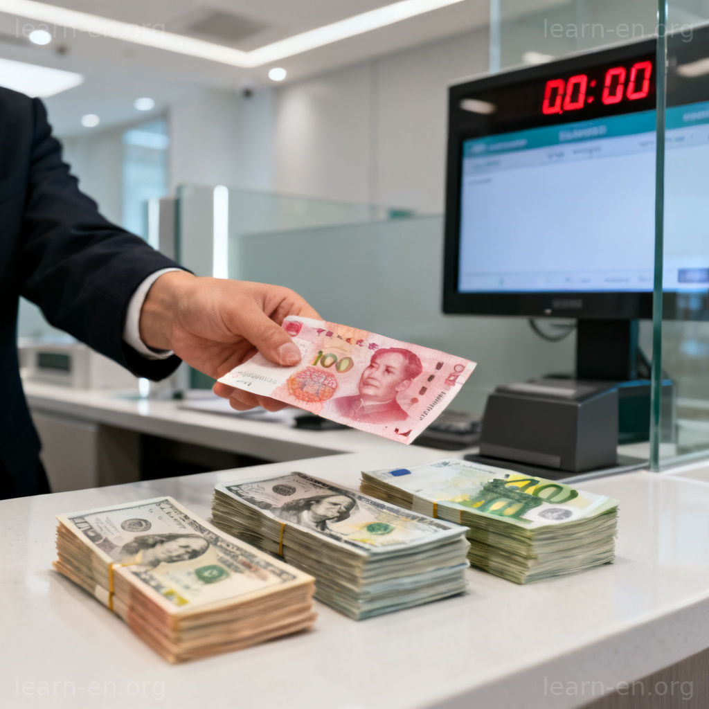 exchange 兑换含义图解：银行柜台货币兑换操作示意