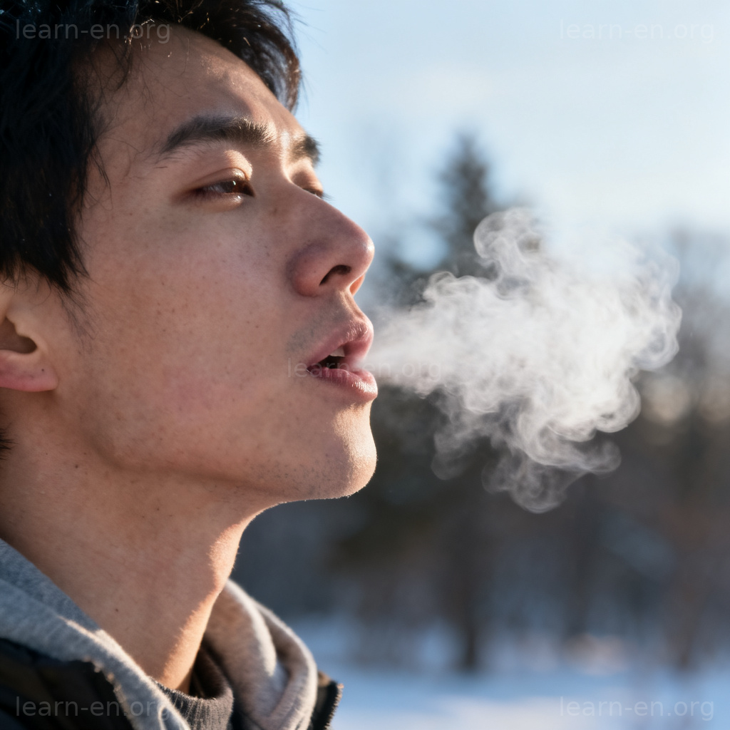 exhale 呼气图解：冬日人物呼出白色雾气场景