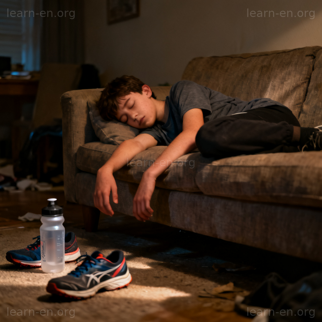 exhaustion 精疲力竭图解：年轻人瘫软在沙发上极度疲惫