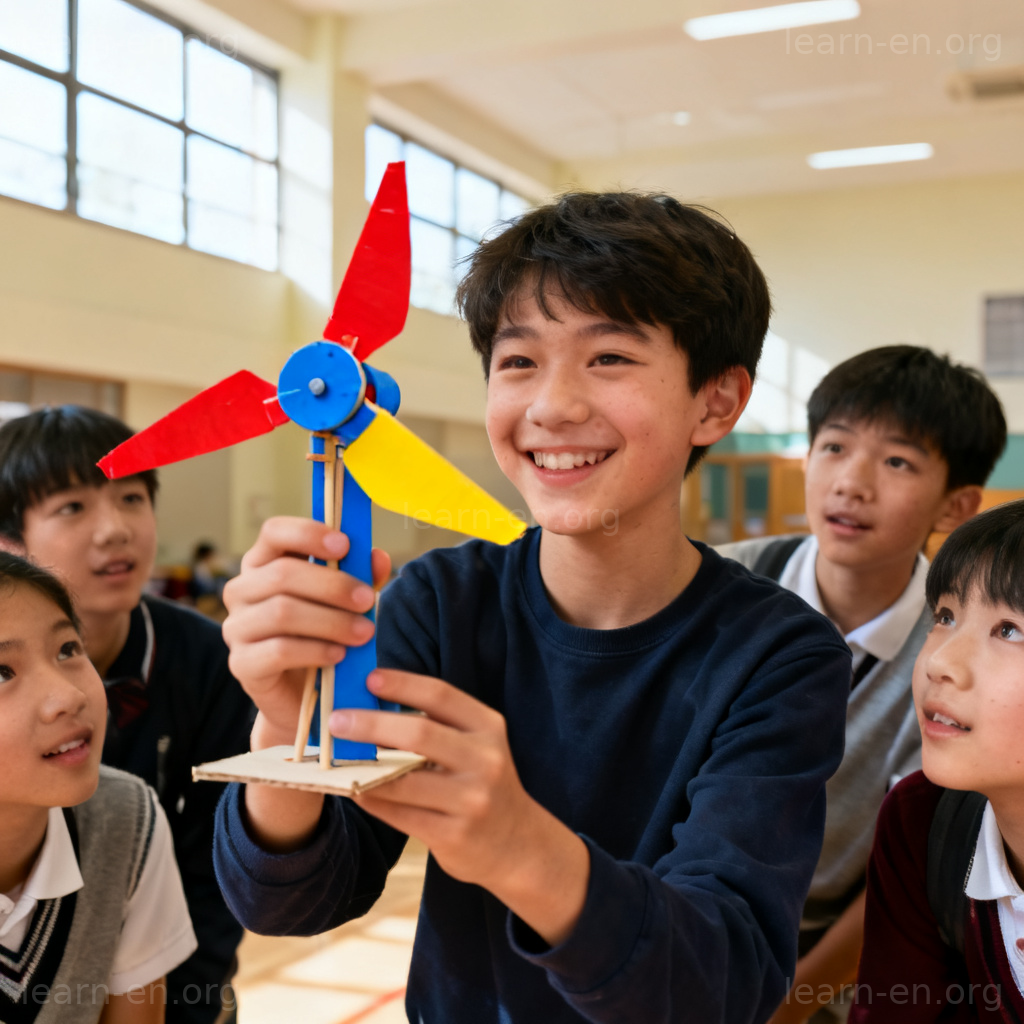 exhibit 动词图解：学生在展厅展示自制风力涡轮机模型