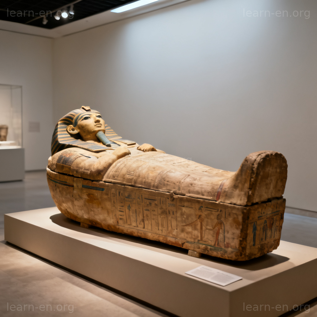 exhibit 名词图解：博物馆灯光下单独陈列的埃及石棺展品