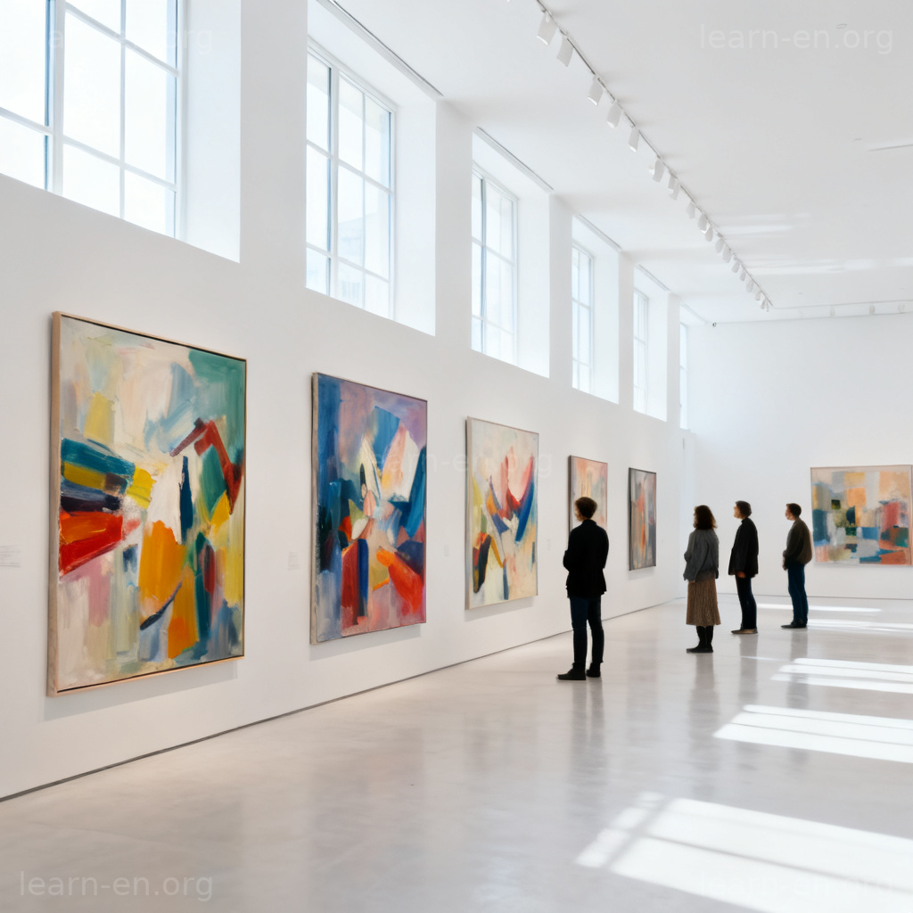 exhibition 展览场景图解：美术馆内参观者欣赏画作